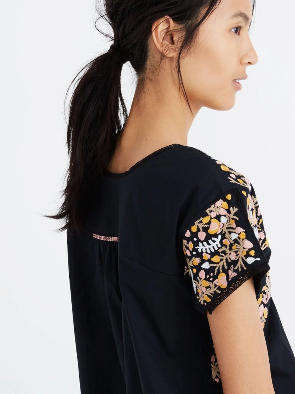 Madewell Springtime Black Embroidered Short Sleeve Blouse Size L - Picture 2 of 7